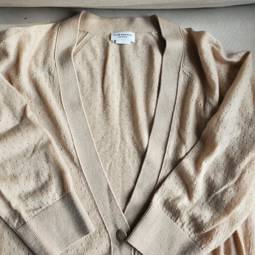 Club Monaco 100% Cashmere Oatmeal Cream Cardigan with 3/4 sleeves women's size S